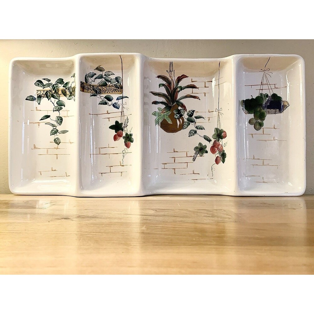 VTG Ucagco Japan Ceramic Divided Serving Platter Potted Hanging Plants Brick 19"
